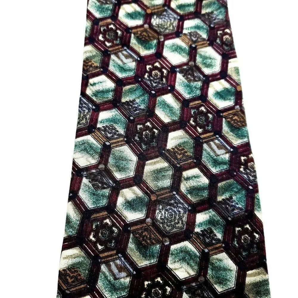 XMI Silk Tie‎ Maroon Green Geometric Short Wide